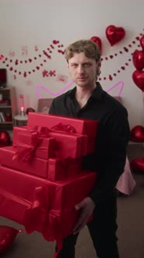 Portrait of Serious Young Man Holding Red Gift Boxes on Valentines Day