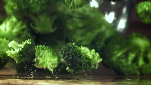 Broccoli Florets Falling in Slow Motion