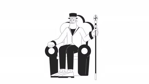 Old fashioned aristocrat sitting in royal seat bw outline 2D character animation