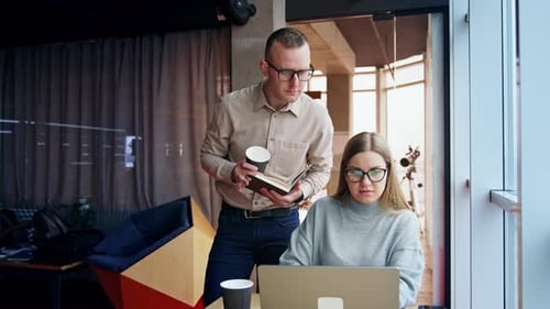 Jeunes collègues utilisant l'heure du déjeuner pour le travail.
