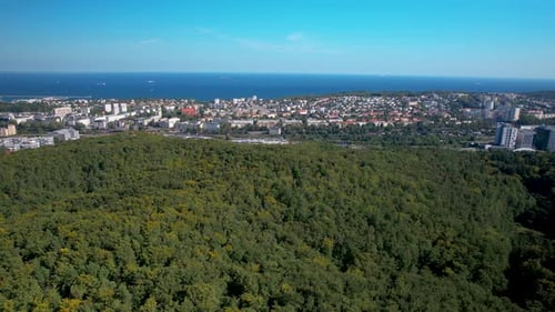 Vue panoramique sur la forêt dense et la ville côtière de Witomino, Gdynia, Pologne. Prise de vue aérienne