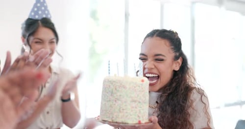 Happy birthday, celebration and people in office with applause, party and success at creative