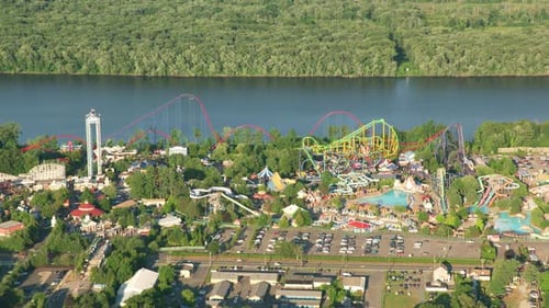 Massachusetts Circa-2019. Aerial View of Amusement Park. From Helicopter with Cineflex