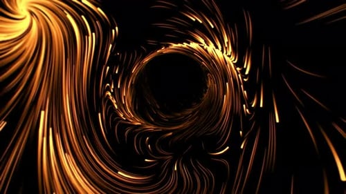 Abstract tunnel with glow vortex patterns made of swirling golden light trails on a black background