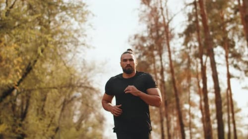 Young Muscular Jogger with a Focused Face Calmly Running on the Path of a City Park on a Sunny Day