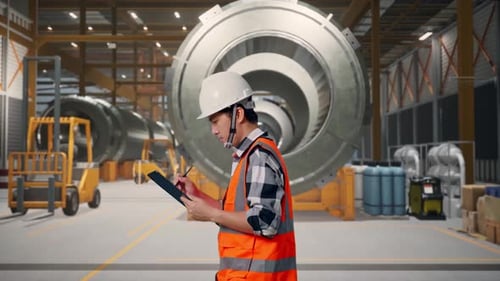 Side View of Asian Male Engineer Taking Note on Tablet While Walking at Heavy Factory