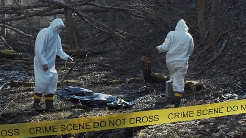 Forensic Specialist Working in the Forest Police Criminalists Collecting Evidence and Making