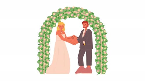 European newlywed couple standing under floral arch, holding hands 2D characters animation