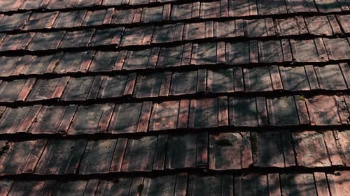 Beautiful red tiled roof. The old tiles are cracked. Moss on tiles.