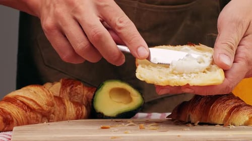 Croissant with Jamon Ham Salmon in Modern Cafe Top View of Healthy Breakfast in Cafe English