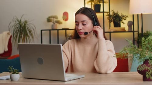 Woman Freelance Worker Call Center or Support Service Operator Helpline Having Talk with Client