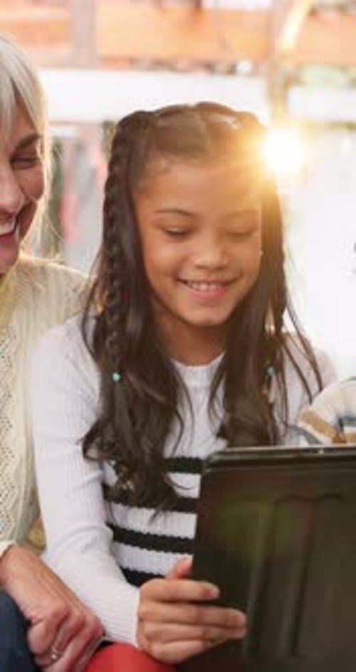 Home, kids and grandparents with tablet, help or bonding together with love, online game or app