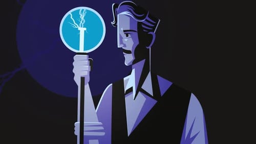 Illustrated Nikola Tesla with Electric Lightning and Coil