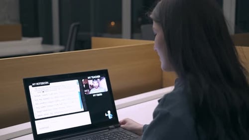 girl studying remotely, holding an online meeting green screen