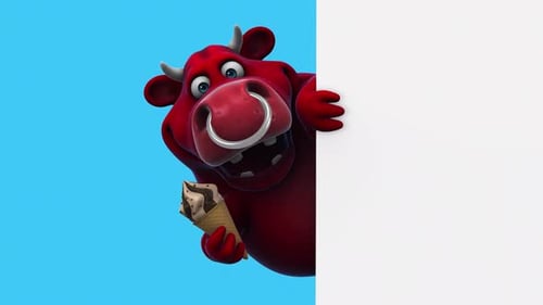Fun 3D cartoon bull with an ice cream (with alpha channel included)