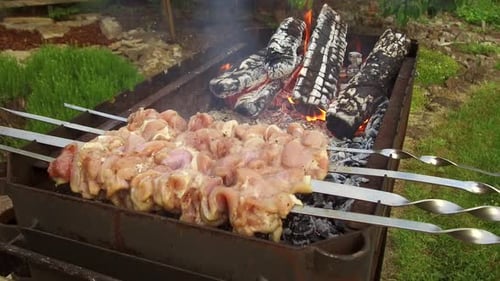 Cooking, Barbecue and Food Concept - Raw Shashlik Meat Roasting on Skewers