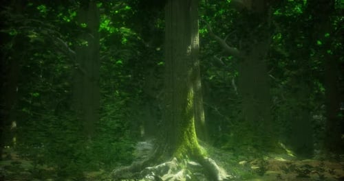 Majestic Tree Surrounded By Lush Greenery in a Tranquil Forest Setting