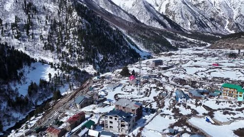 Aerial drone shot capturing the peaceful winter ambiance of Chitkul