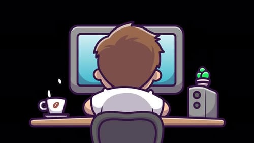 Animated Person Working on Computer with Desk Setup
