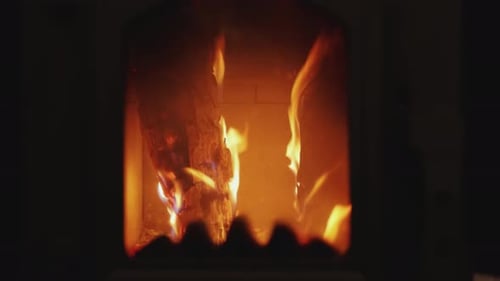 Burning Fireplace with Flames and Wood