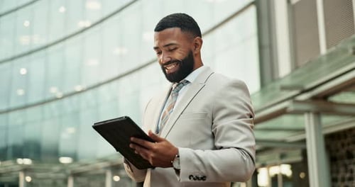 Happy, tablet and business black man in city by office building for communication