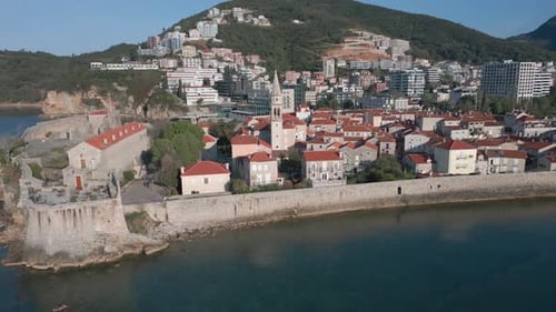 The old town of Budva shot from a drone. The best sights of Montenegro. Budva Old Town.