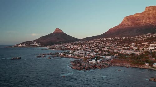 Suburbs At Camps Bay In Cape Town With Lions Head Mountain In South Africa - Aerial Drone Shot