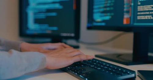 Closeup young adult Asia female freelance typing write prompt AI bot IT app program nomad.