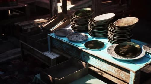 Ornate Decorative Plates on Rustic Wooden Tabletop