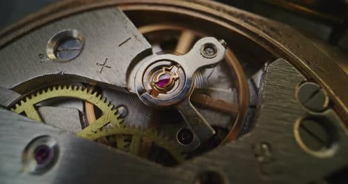 Intricate Close-up of Watch Mechanism Gears Turning