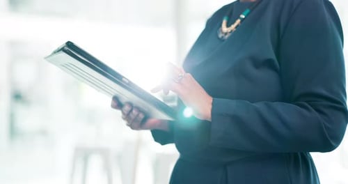 Business woman, tablet and hands typing for research, social media or communication at office