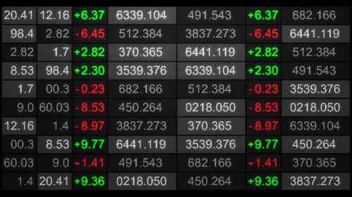 Looping 3D quotes table with red and green price changes in grid