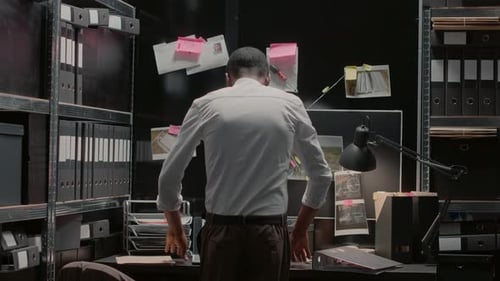 Detective Examining Evidence in Cluttered Office