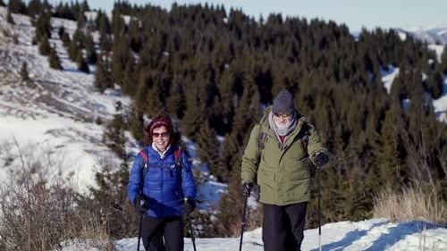 Senior Couple Hiking in Snow Covered Mountain Forest