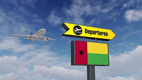 Airplane Departure to Guinea-Bissau with Airport Directional Sign