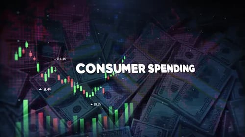 Consumer Spending Words On Economic Background With Decrease Bar Chart Graph And Arrow