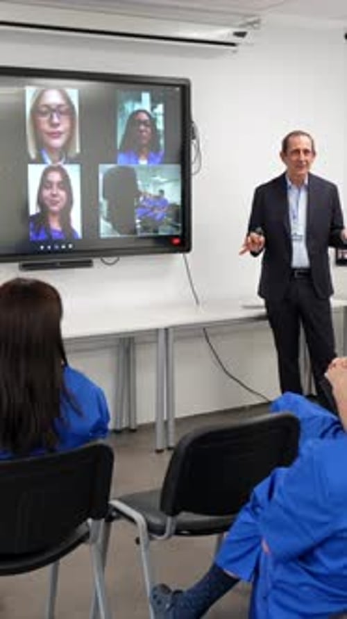 Corporate Presentation by Man to Audience and Video Call
