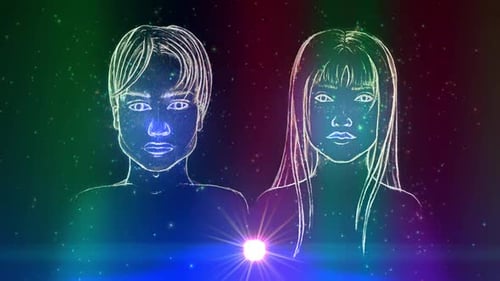Neon Line Art Faces on Shifting Cosmic Background