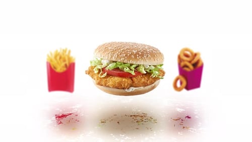 Motion animation of Burger, fries and onion rings. Sales show of fast food.