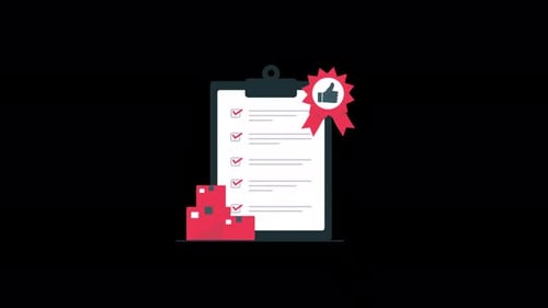 Presse-papiers animé avec badge d'approbation et boîte. Vidéo sur le concept d'approbation de la qualité des produits - Transparente