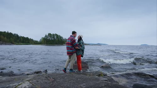 Romantic Date Of Happy Lovers On Shore Of Beautiful Lake In Autumn Day Slow Motion People In Nature