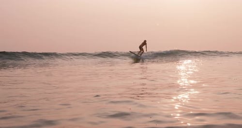 Surfer on Surfboard Ride on Small Ocean Wave with Morning Sunlight Surfing Men on Longboard