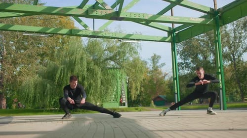 Two Men Showcase Coordinated Stretches in Lush Park Setting Casual Workout Involving Synchronized