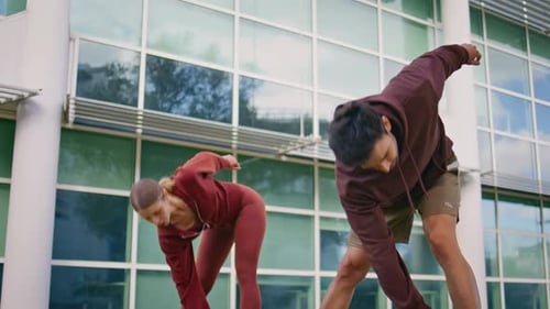 Sport People Do Exercise Warming Body Before Fitness Workout on Street Closeup