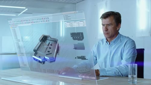 In the Near Future Professional Engineer Works on Transparent Computer with Holographic Display, Co