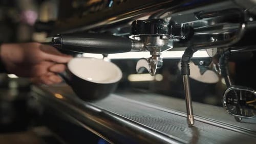 Pouring coffee stream from professional machine in cup. using filter holder. 120F