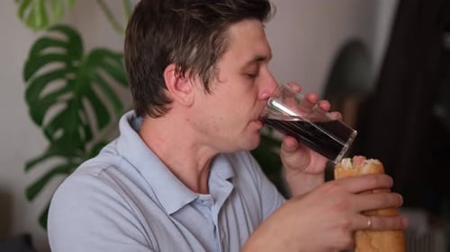 Caucasian Kid Boy and His Father Eating Junk Food at Home Single Father and Son Fast Food Unhealthy