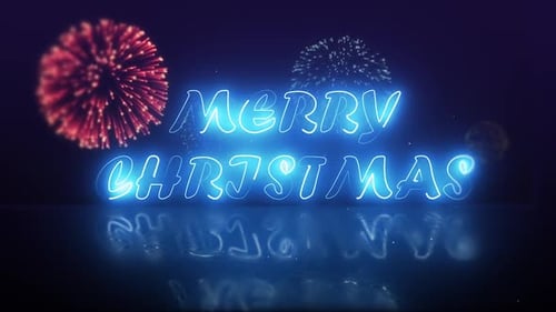 Glowing Merry Christmas Neon Title with Festive Fireworks