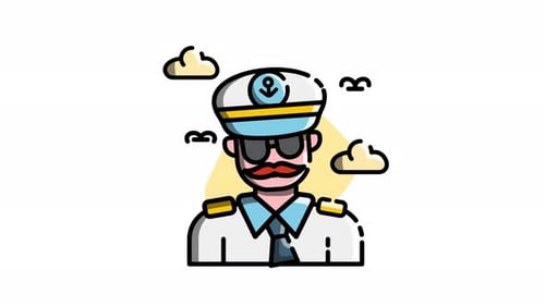Animated Flat Design Captain Icon with Mustache and Sunglasses