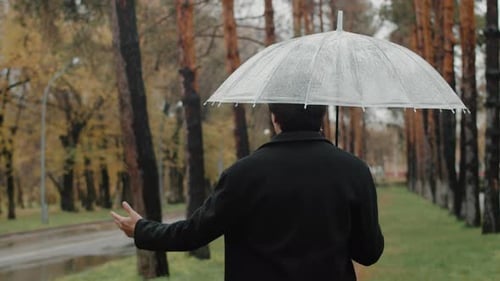 Young Man Standing Under the Umbrella in the Autumn City Park in Rainy Weather Checking the Rain By